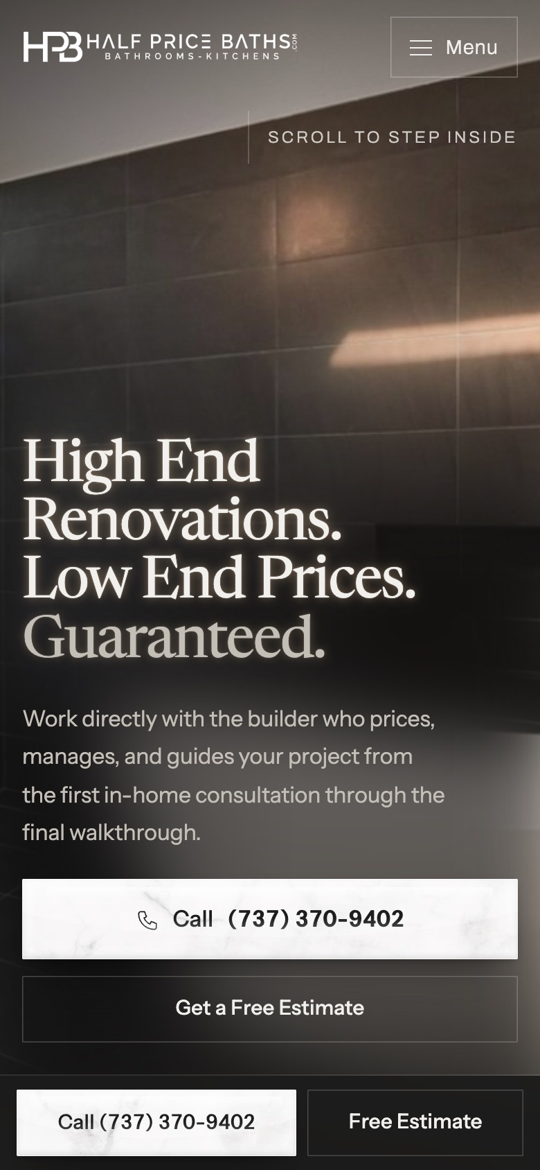A bath remodeler home page on a phone